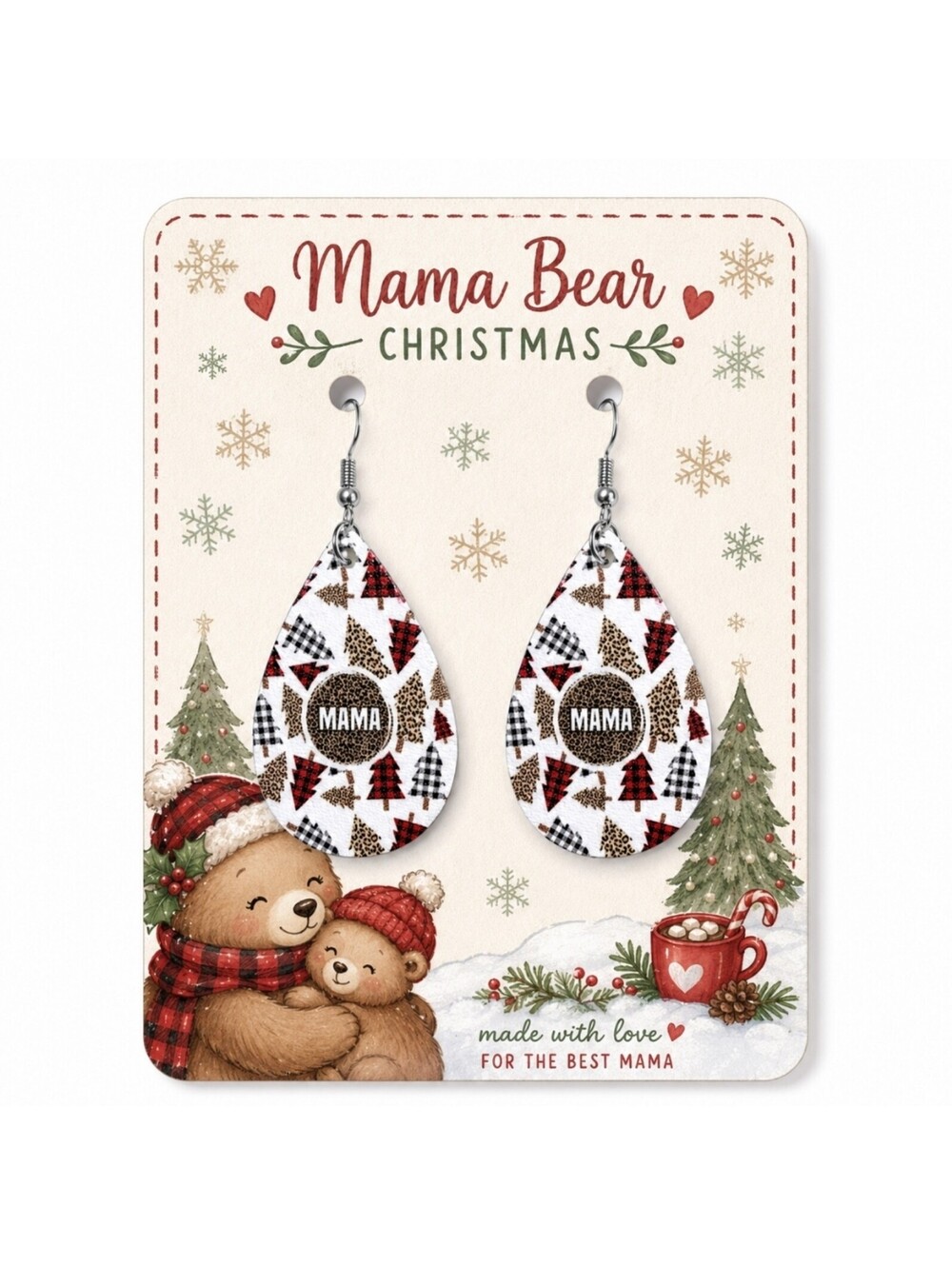 Wintery Christmas Tree MAMA BEAR Buffalo Plaid Holiday Hypoallergenic Earrings